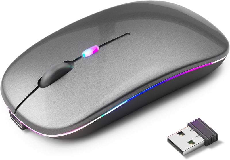 KANMABPC Wireless Bluetooth Mouse – Rechargeable, Silent, Dual Mode (Bluetooth 5.2 & USB) with LED Lights – Portable for Laptop, Desktop, & Tablet(Grey) - Image 1